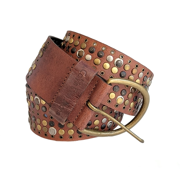 Calvin Klein Jeans Brown Leather Studded Wide Strap Womens